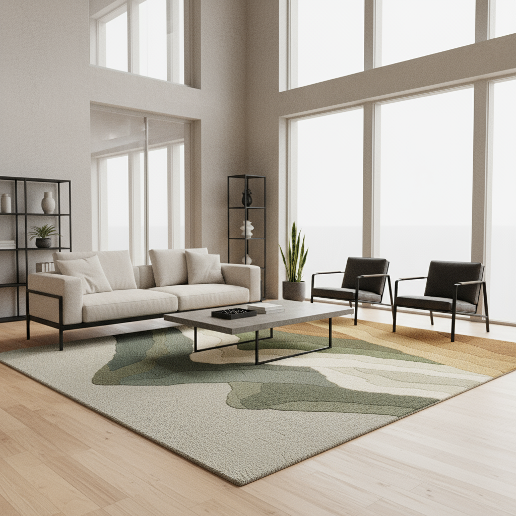Room Scene - Industrial Minimal Living Room 9ft Concrete Rug styled in a minimalist living room with polished gray tones and soft daylight by Rugoora