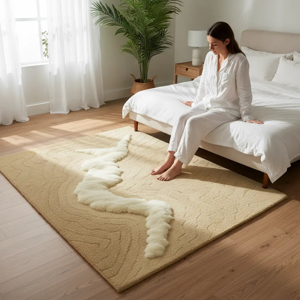 Lifestyle scene of Cream Rug inside a sunlit interior, capturing coastal calm and simplicity by Rugoora