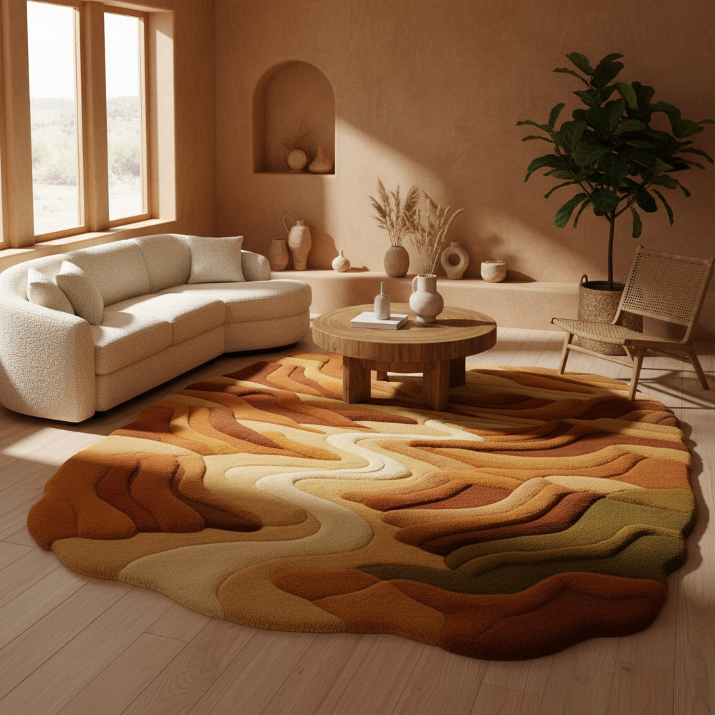 Desert Rug by Rugoora - Bohemian Desert Living Room Scene Desert Rug styled in a minimalist living room with neutral earthy palette and soft daylight by Rugoora