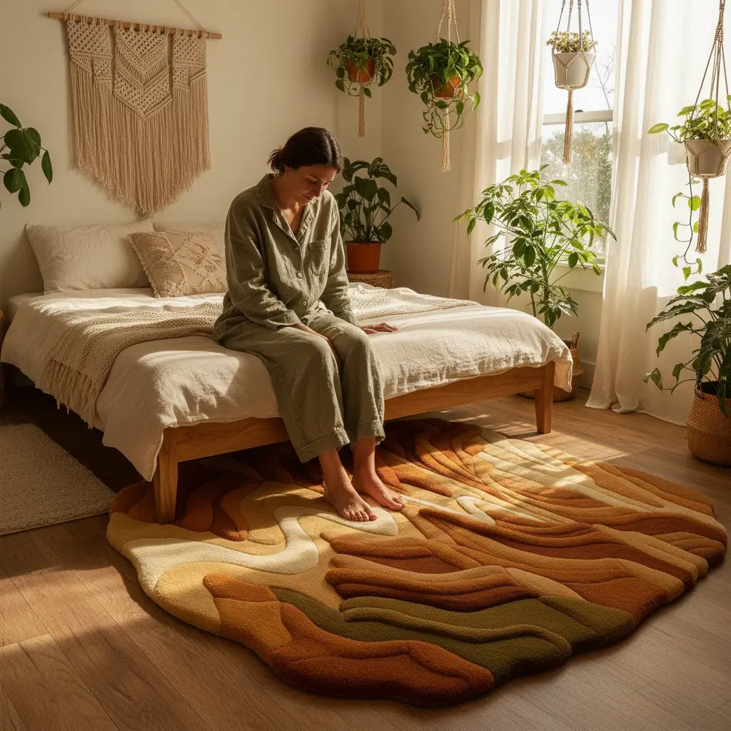 Texture detail of Desert Rug on wooden floor showing earthy fiber weave and natural calm by Rugoora