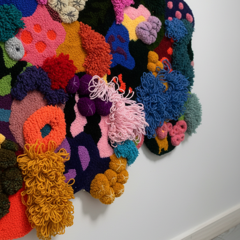 Colorful textured wall art on a white wall