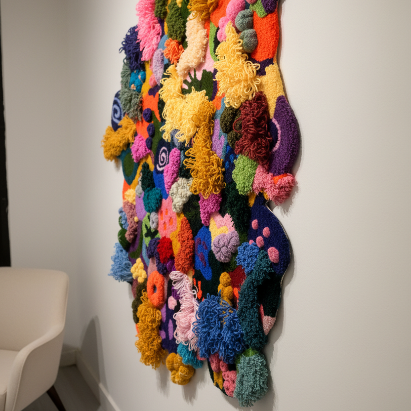 Colorful textured wall art installation on a white wall.