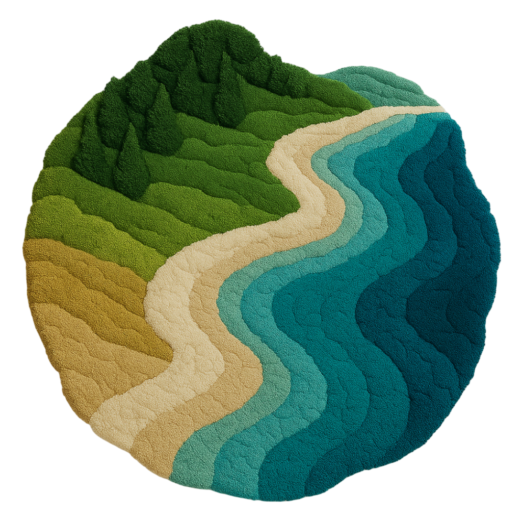 Round rug with wavy, multicolored pattern on a white background - Drift Rug – a luxury handcrafted rug inspired by soft drifting forms and airy motion, made by Rugoora