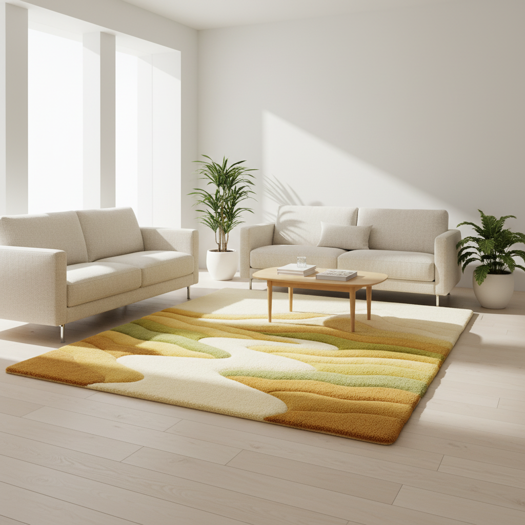 Mirage Rug completing a cozy living space with golden white hues and desert-inspired charm by Rugoora