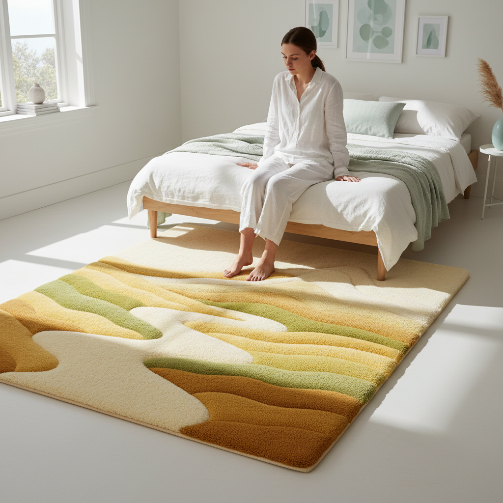 Lifestyle Scene - Scandinavian Bedroom 3D Modern home interior featuring Mirage Rug in soft desert tones with refined minimal warmth by Rugoora