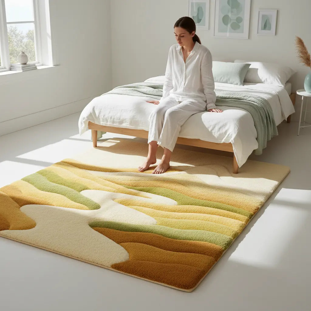 Lifestyle Scene - Scandinavian Bedroom 3D Modern home interior featuring Mirage Rug in soft desert tones with refined minimal warmth by Rugoora