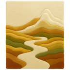 Rug with wavy mountain design in earthy tones on a beige background. Premium handmade Mirage Rug by Rugoora with warm ochre gradients that evoke the glow of desert horizons