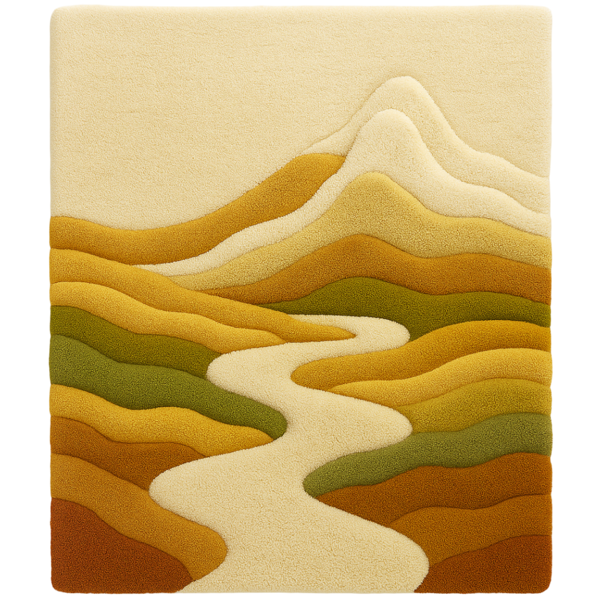 Rug with wavy mountain design in earthy tones on a beige background. Premium handmade Mirage Rug by Rugoora with warm ochre gradients that evoke the glow of desert horizons