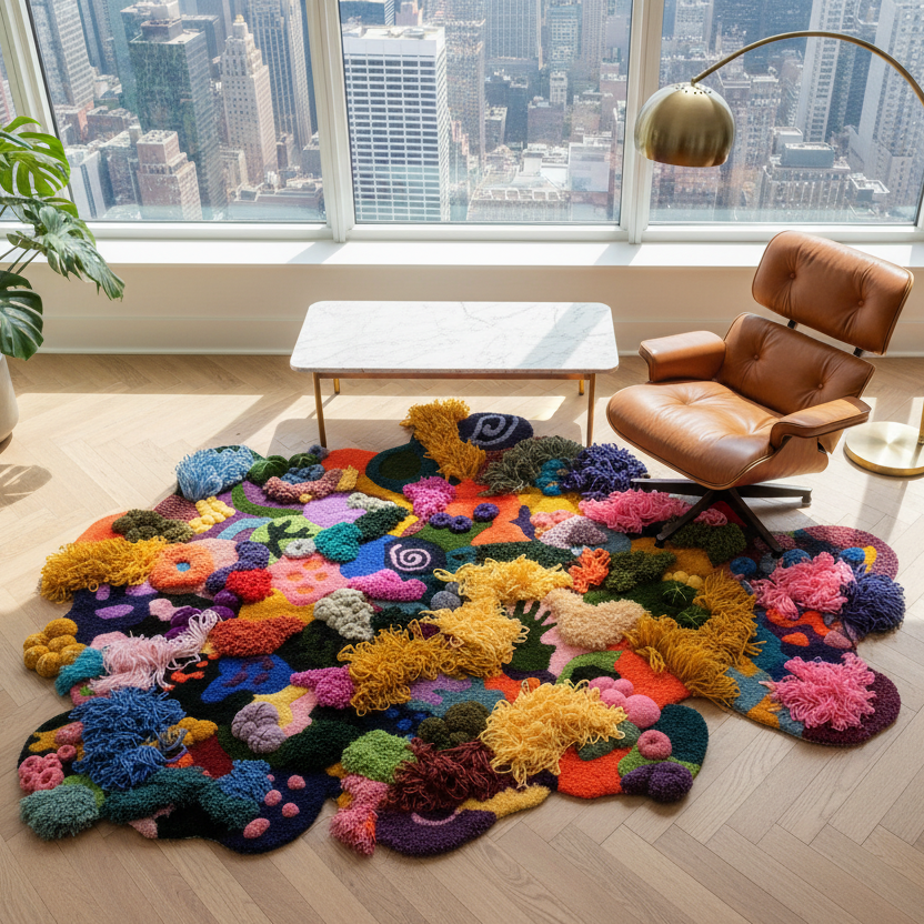Colorful crocheted rug on a wooden floor with a modern chair and lamp in a room with large windows showing a cityscape.