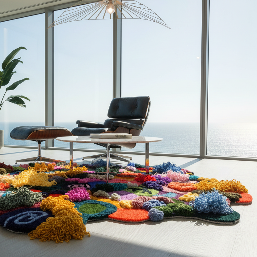Colorful textured rug on a white floor with a modern chair and large windows overlooking water.