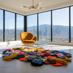 Modern living room with a yellow chair, colorful rug, and large windows overlooking mountains.