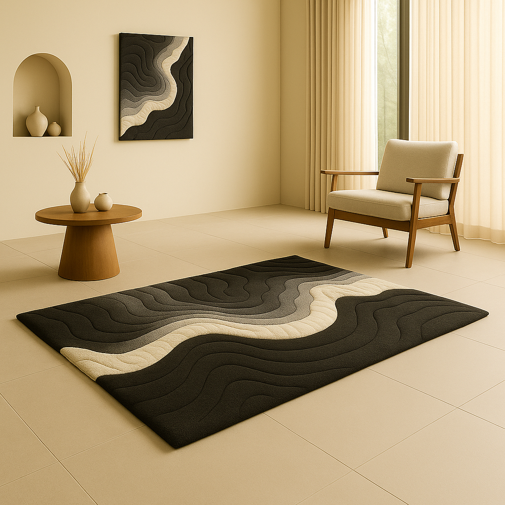 Handcrafted Mono Rug with minimal contrast design inspired by sculptural form and soft monochrome layering, made by Rugoora.