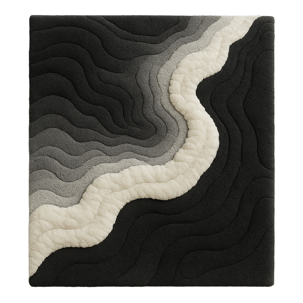 Rug with wavy pattern in black, gray, and white. Mono Rug – a luxury handcrafted monochrome rug combining sculptural balance and modern calm by Rugoora