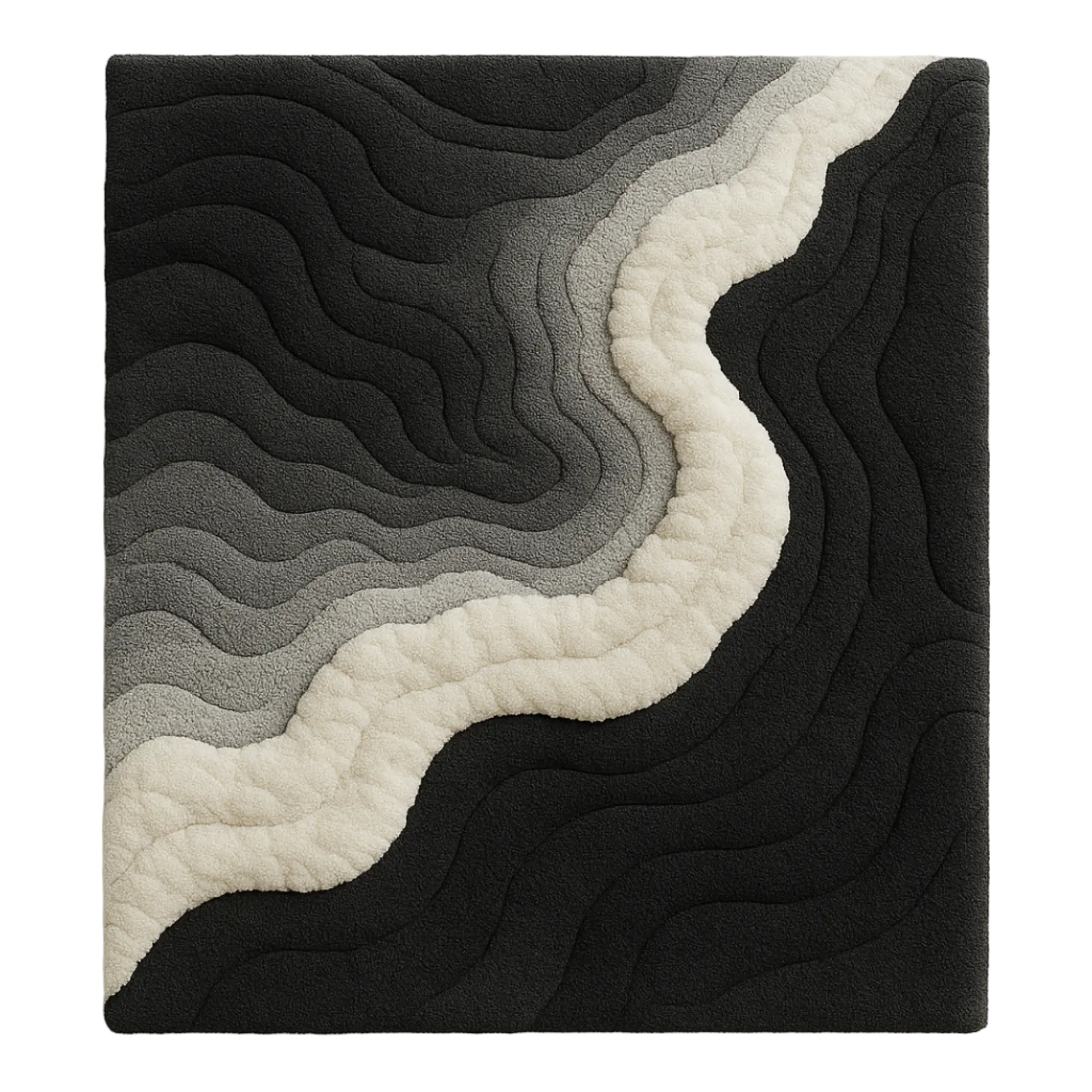 Rug with wavy pattern in black, gray, and white. Mono Rug – a luxury handcrafted monochrome rug combining sculptural balance and modern calm by Rugoora