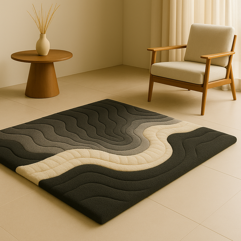 Mono Rug styled in a minimalist living room with balanced gray-white tones and soft lighting by Rugoora