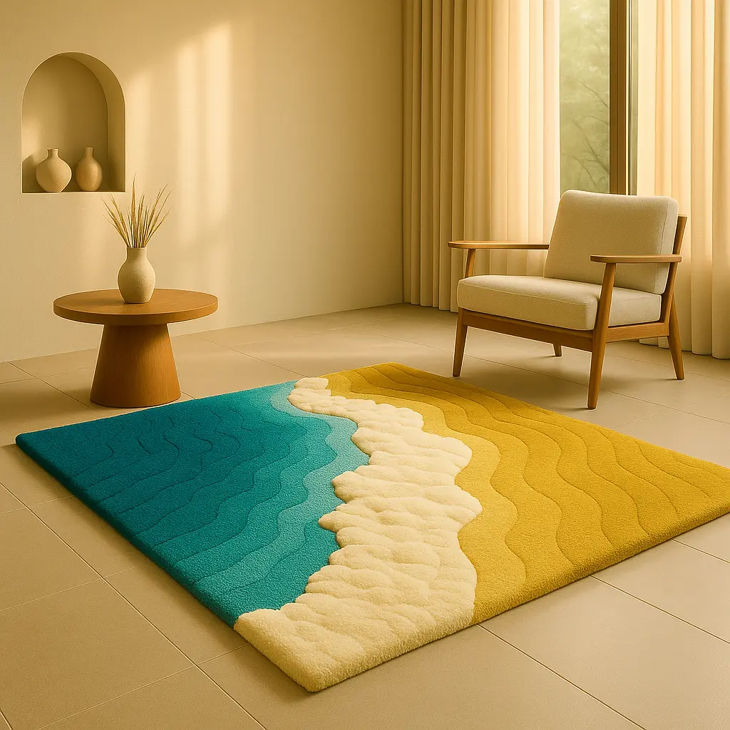 Pacific Rug completing a cozy living space with ocean breeze serenity and summer brightness by Rugoora