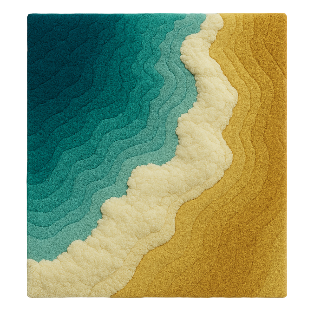 Pacific Rug – a luxury handcrafted rug inspired by the Pacific Ocean’s depth and tranquil blue tones, made by Rugoora.. Rug with wavy pattern transitioning from blue to beige on a white background