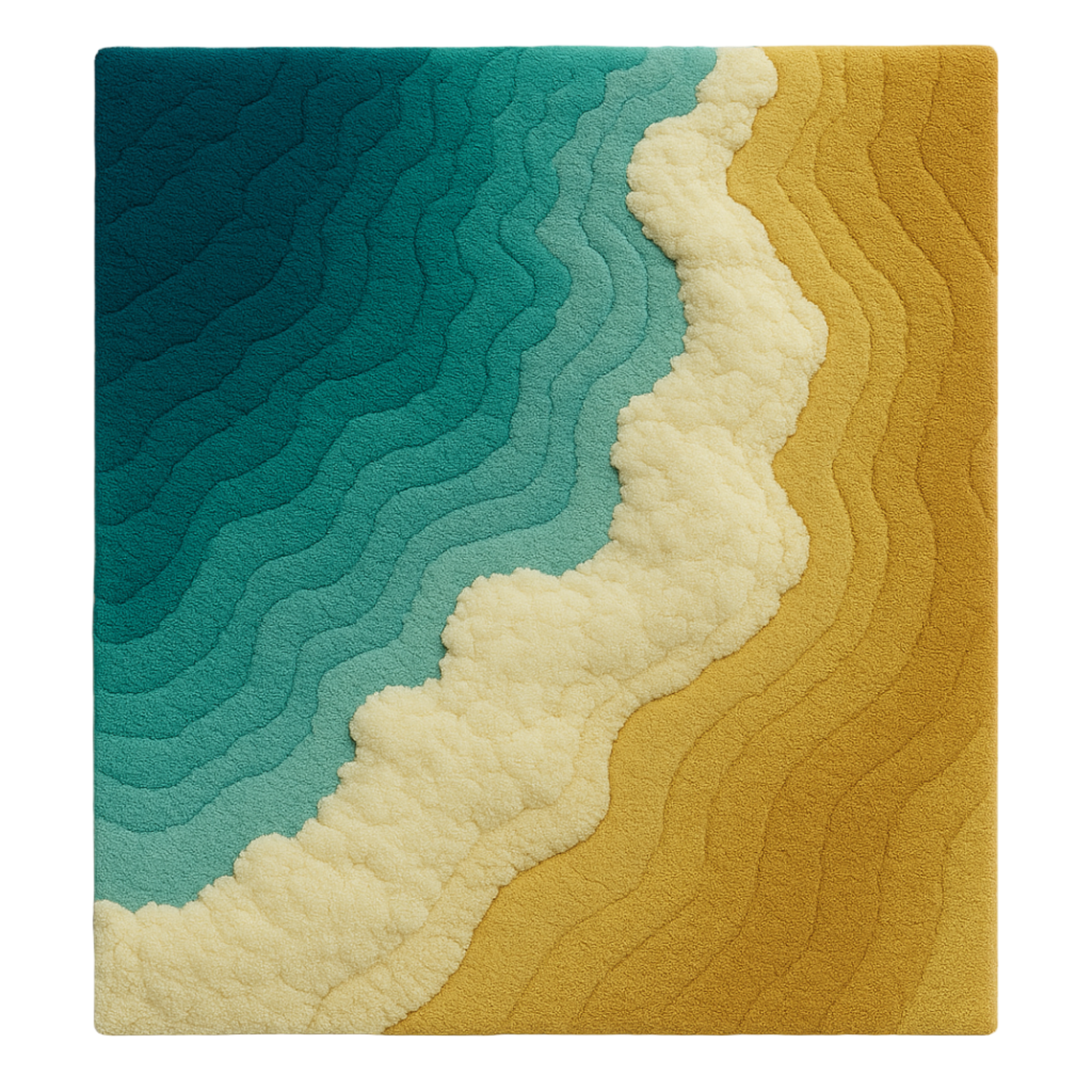 Pacific Rug – a luxury handcrafted rug inspired by the Pacific Ocean’s depth and tranquil blue tones, made by Rugoora.. Rug with wavy pattern transitioning from blue to beige on a white background