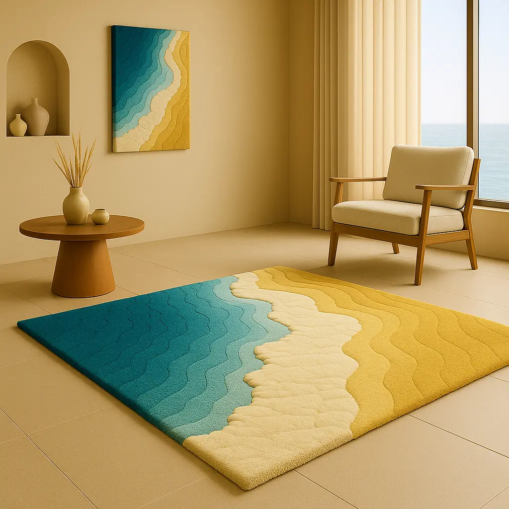 Lifestyle scene featuring Pacific Rug in a cozy bohemian coastal interior filled with ocean freshness by Rugoora