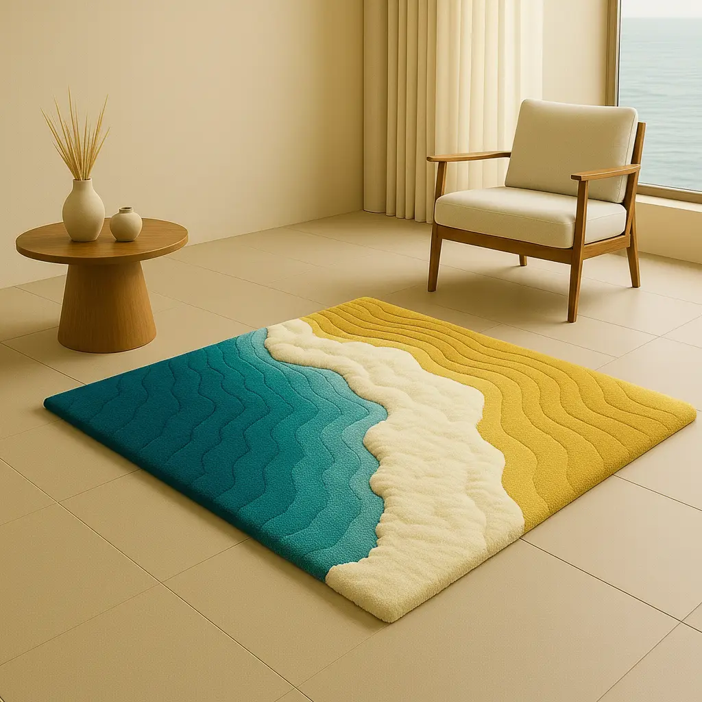 Pacific Rug styled in a minimalist living room with natural daylight and cool ocean tones by Rugoora
