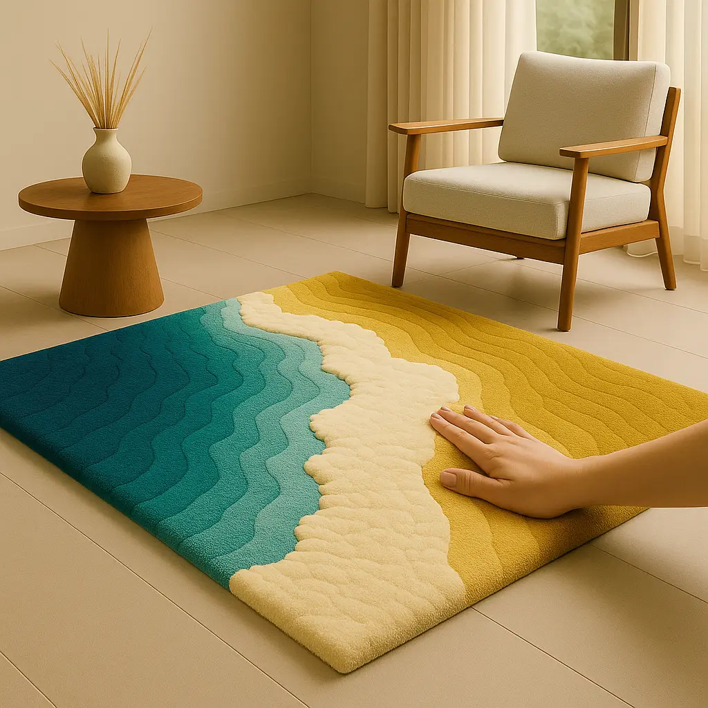 Modern home interior featuring Pacific Rug in deep blue tones with tropical calm and balance by Rugoora