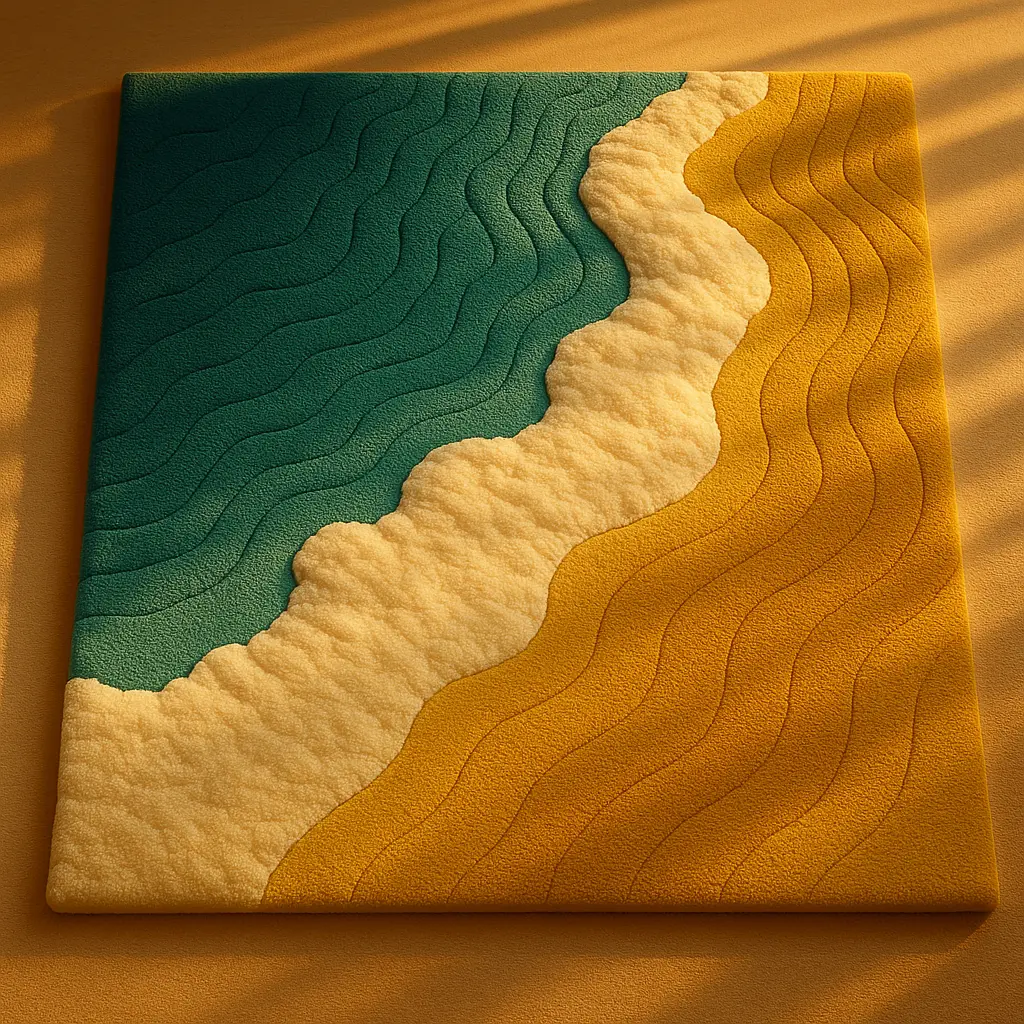 Texture detail of Pacific Rug on wooden floor showing wave-inspired hand-tufted threads by Rugoora