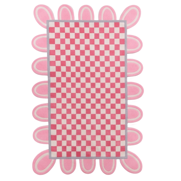 Pink Checkerboard Rug with Scalloped Border - Area Rug