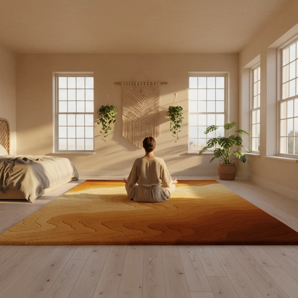 Sahara Rug completing a cozy living space with sunset harmony and bohemian desert charm by Rugoora - Lifestyle Scene - Meditation on Large Rug