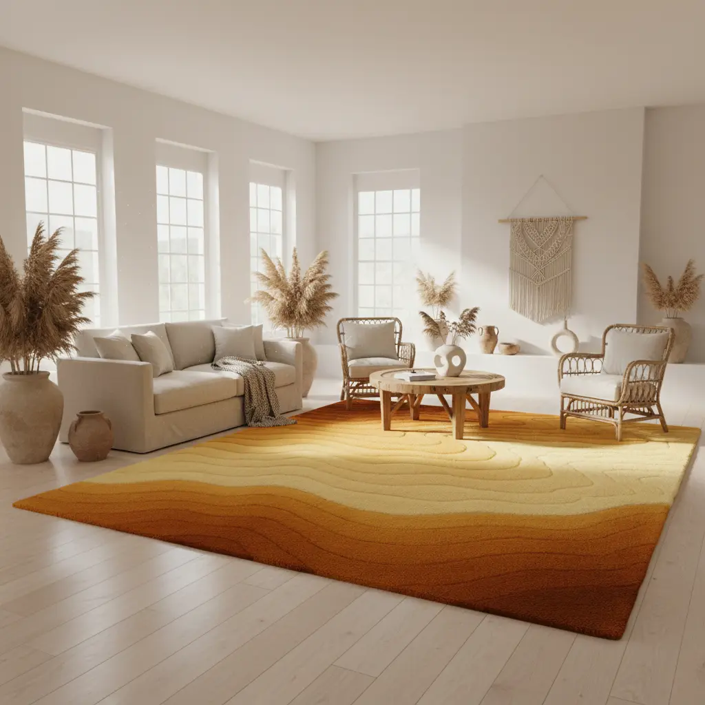 Lifestyle scene featuring Sahara Rug in a cozy bohemian interior filled with earthy tones by Rugoora - Room Scene - Boho Minimal Living Room 9ft