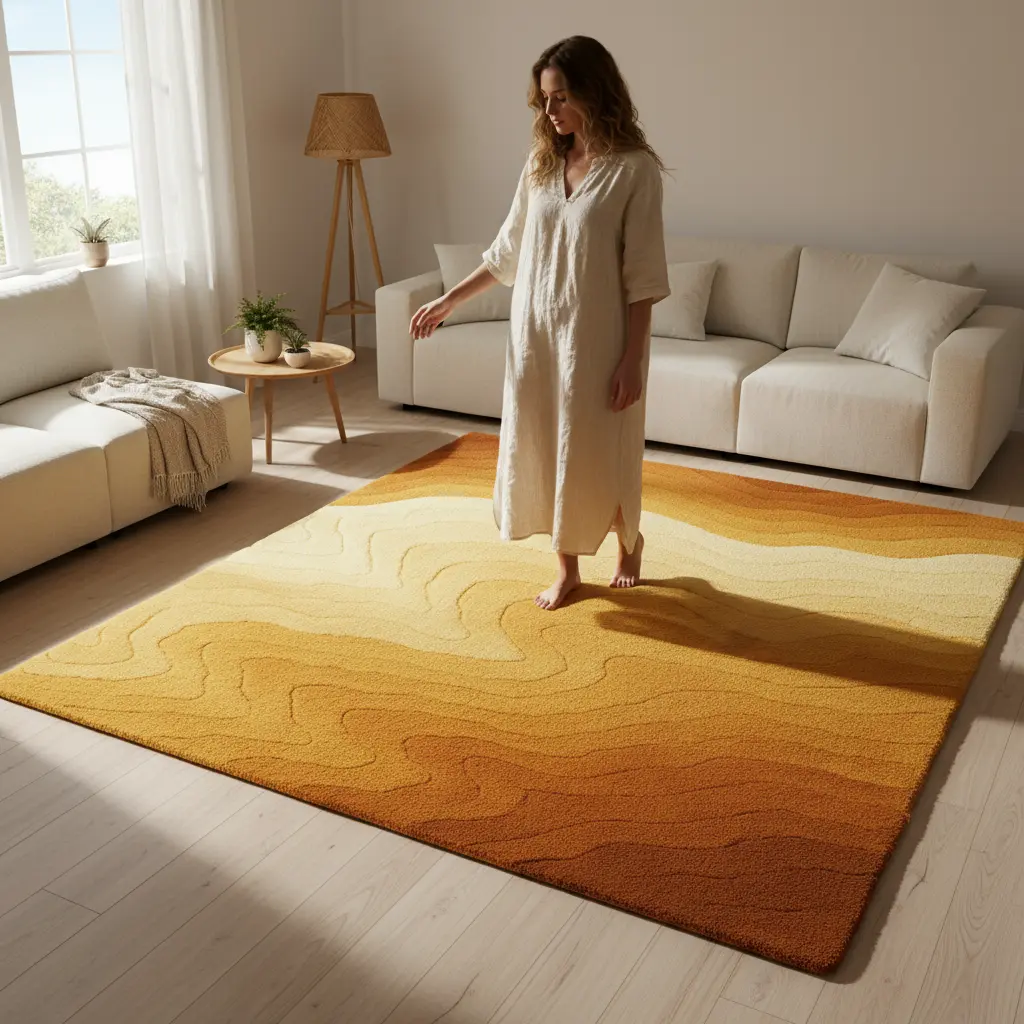 Modern home interior featuring Sahara Rug in warm terra tones and minimalist desert calm by Rugoora - Scale Reference - Full Body 9ft Rug