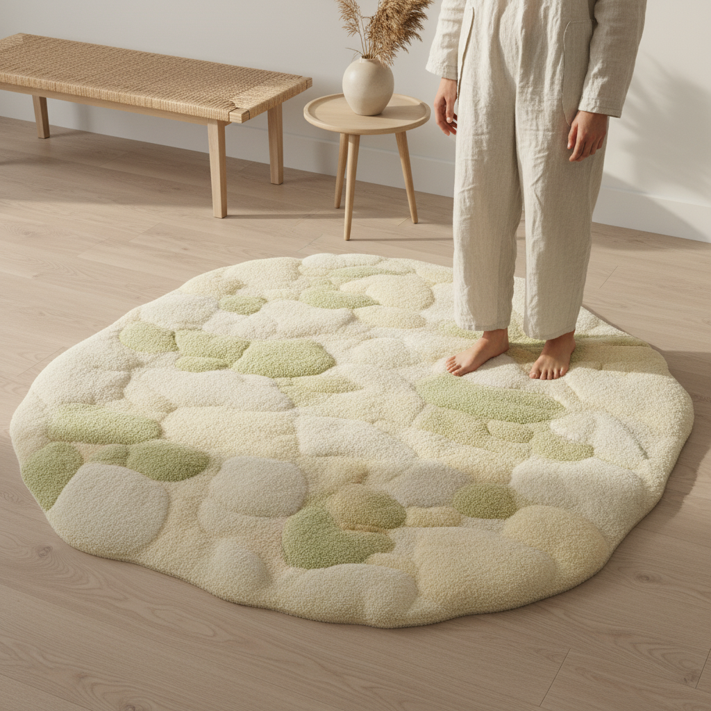 Lifestyle scene featuring Serene Rug adding peaceful elegance to a cozy modern interior, by Rugoora