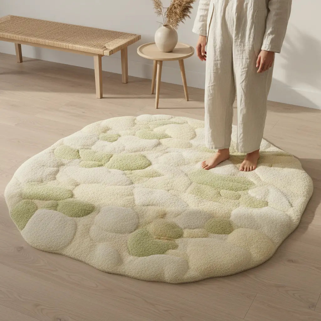 Lifestyle scene featuring Serene Rug adding peaceful elegance to a cozy modern interior, by Rugoora