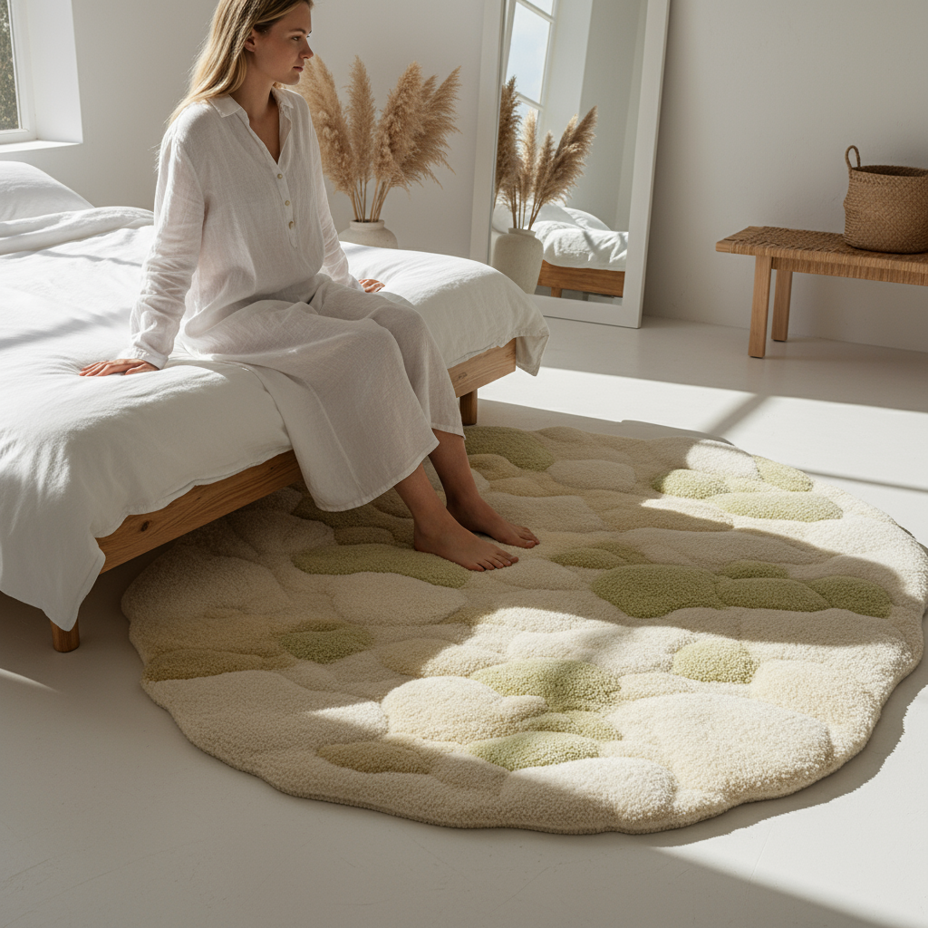 Modern home scene with Serene Rug showcasing soft white tones and clean aesthetic simplicity by Rugoora