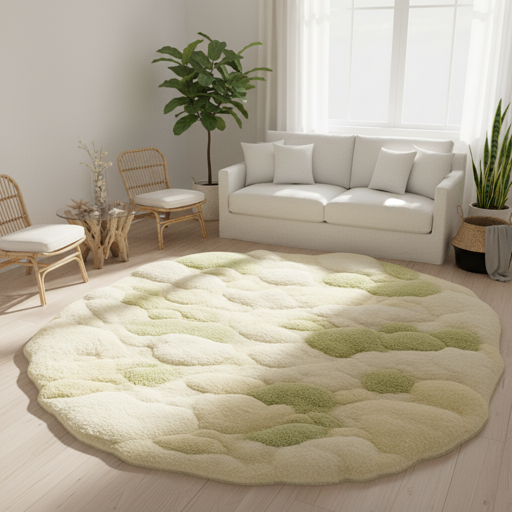 Serene Rug enhancing a naturally lit interior with reflective calm and tranquil energy, handcrafted by Rugoora