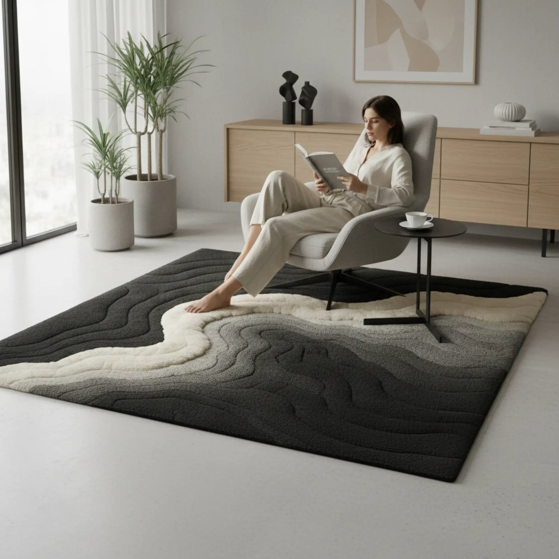 Seseorang bersantai dengan buku dan teh