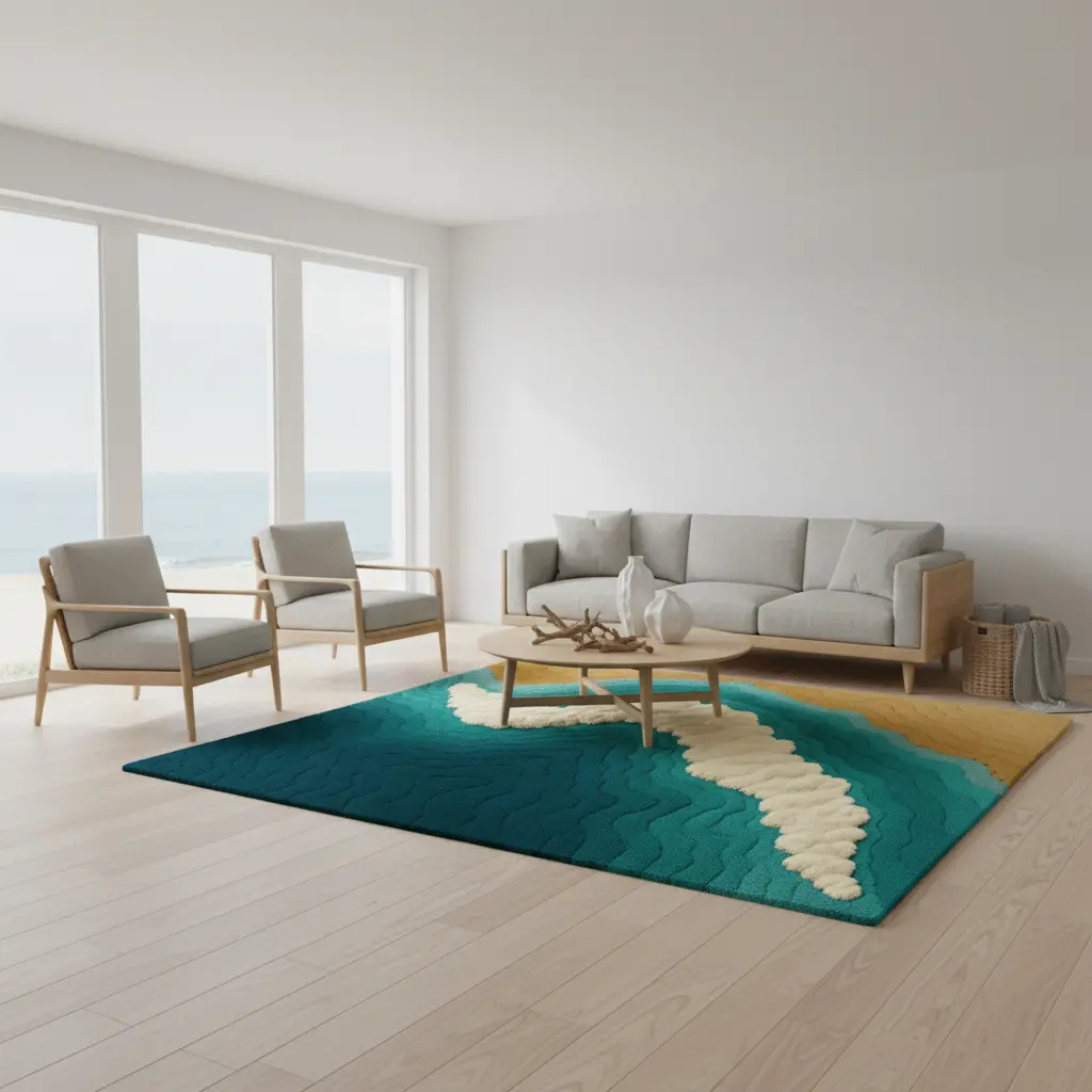 Shoreline Rug completing a cozy living space with beach harmony and natural minimalist beauty by Rugoora- Room Scene - Scandinavian Coastal Living Room