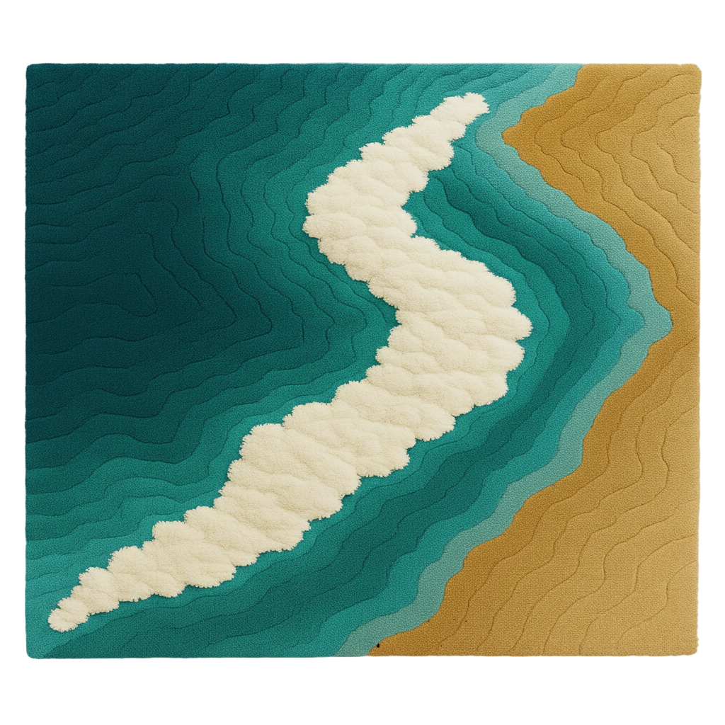 Shoreline Rug – a luxury handcrafted rug inspired by soft coastal waves and beige sand tones, made by Rugoora