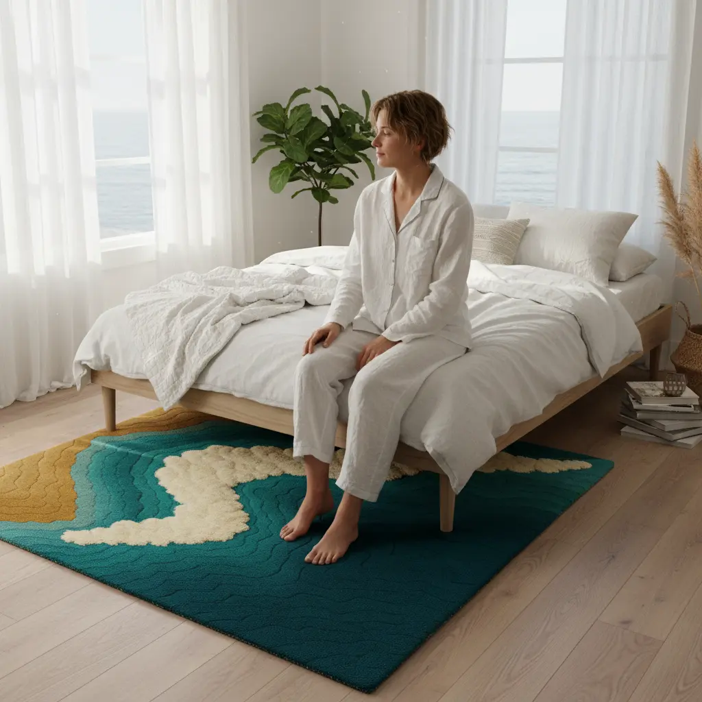 Shoreline Rug styled in a minimalist living room with warm daylight and coastal beige tones by Rugoora. Lifestyle Scene - Bedroom