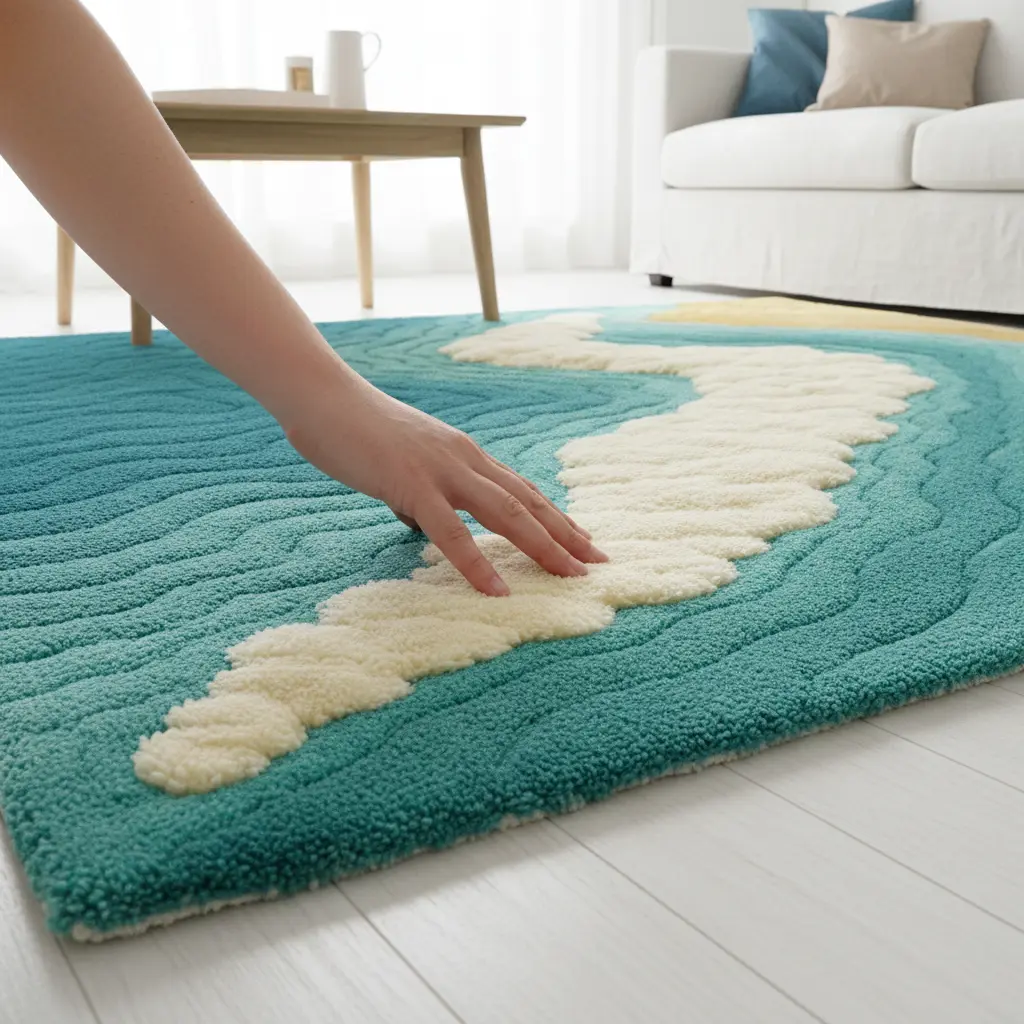 Premium handmade Shoreline Rug by Rugoora featuring sand-gradient layers that evoke seaside tranquility. Scale Reference - Human Touch