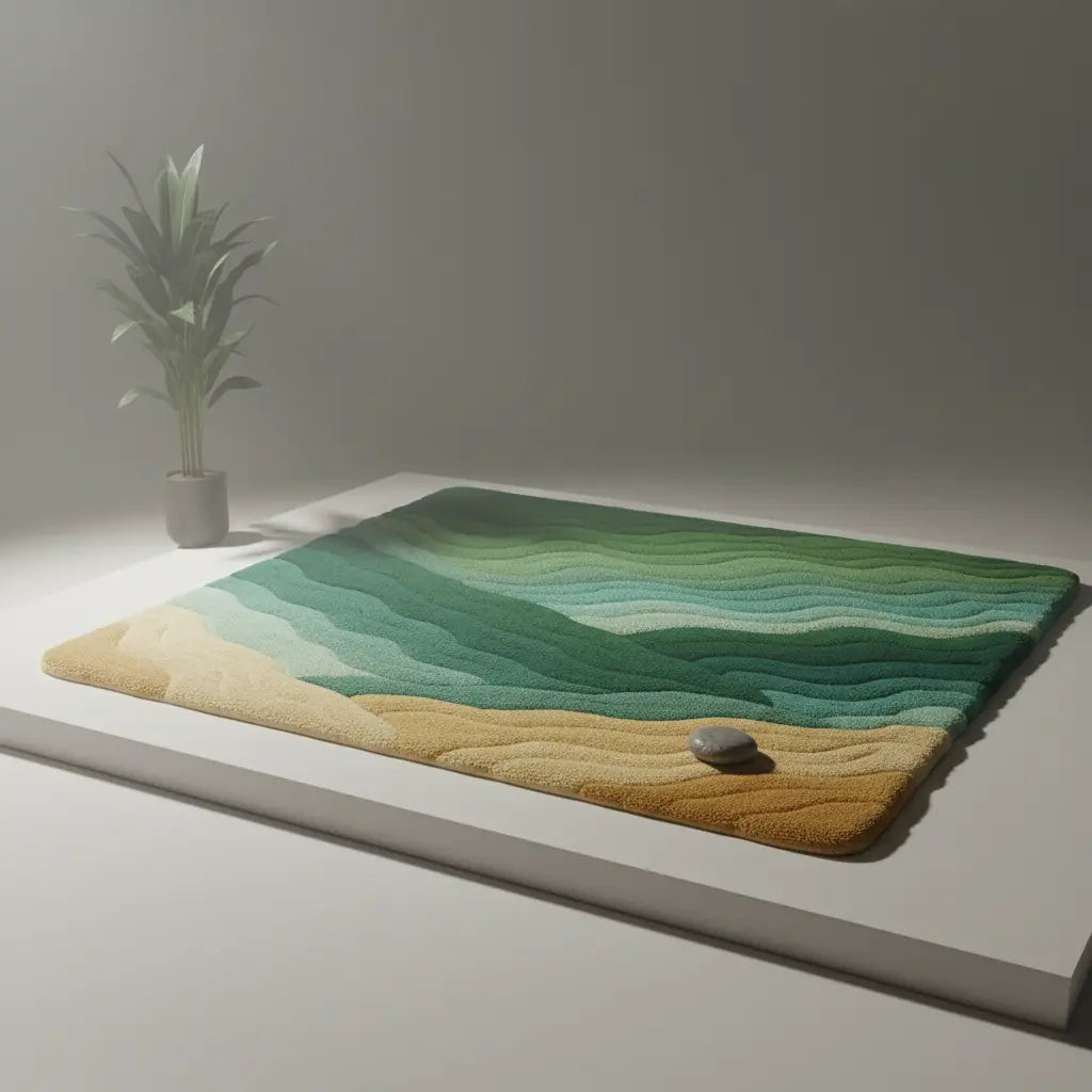 Summit Rug completing a cozy living space with mountain-inspired aesthetic and serene balance by Rugoora Artistic Mood Shot - Dramatic Lighting