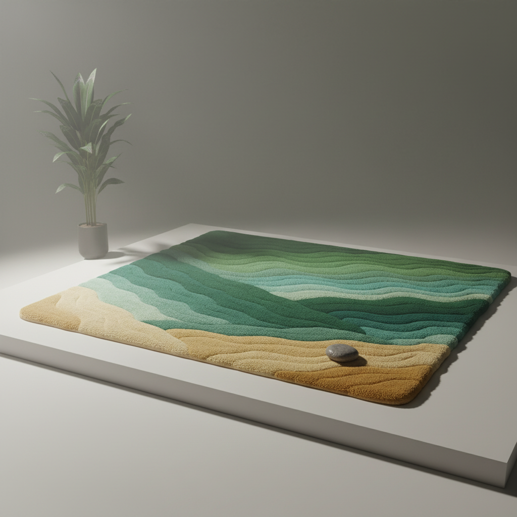 Summit Rug completing a cozy living space with mountain-inspired aesthetic and serene balance by Rugoora Artistic Mood Shot - Dramatic Lighting