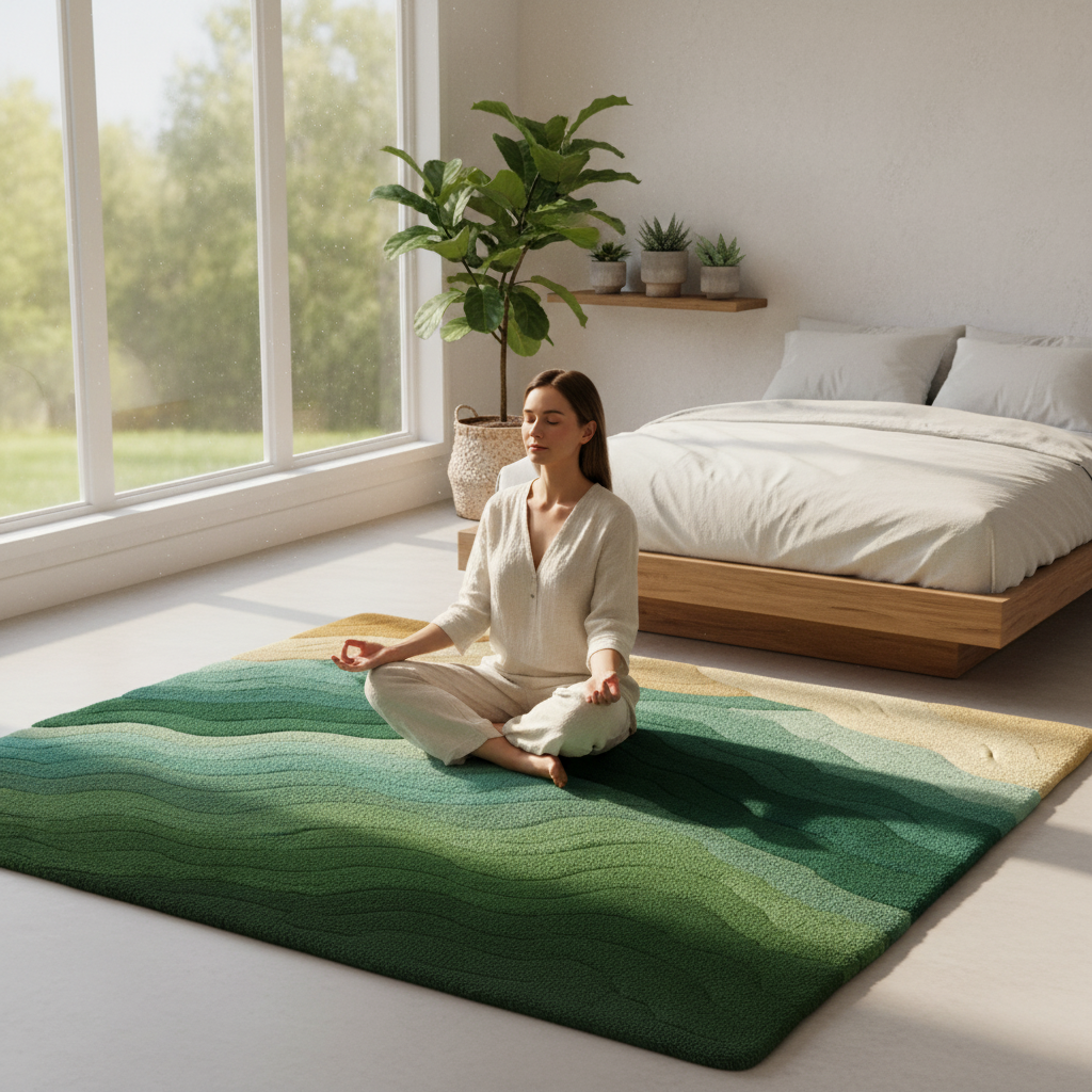Lifestyle Scene - Meditation. Handcrafted Summit Rug with elevated gray finish symbolizing tranquility and natural sophistication, made by Rugoora