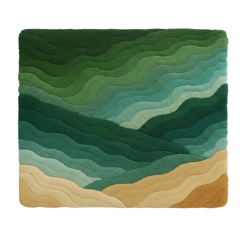 Summit rug with wavy pattern in green, blue, and beige. Summit Rug – a luxury handcrafted rug inspired by mountain ridges and elevated calm, made by Rugoora