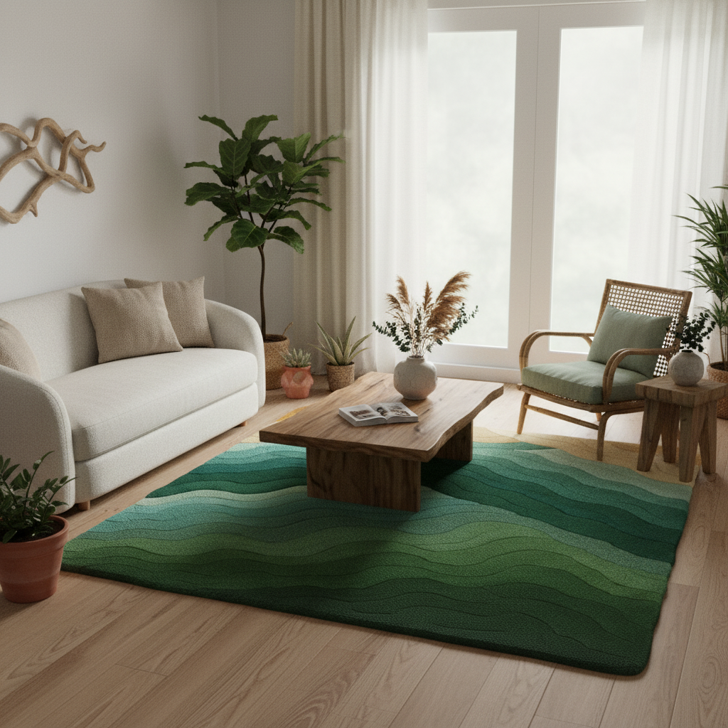 Lifestyle scene featuring Summit Rug adding peaceful gray balance to a cozy modern interior by Rugoora