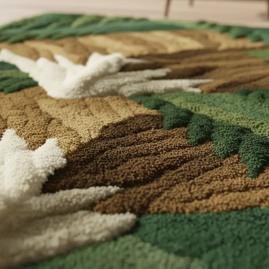 Textured wall art of mountains and trees on a plain background