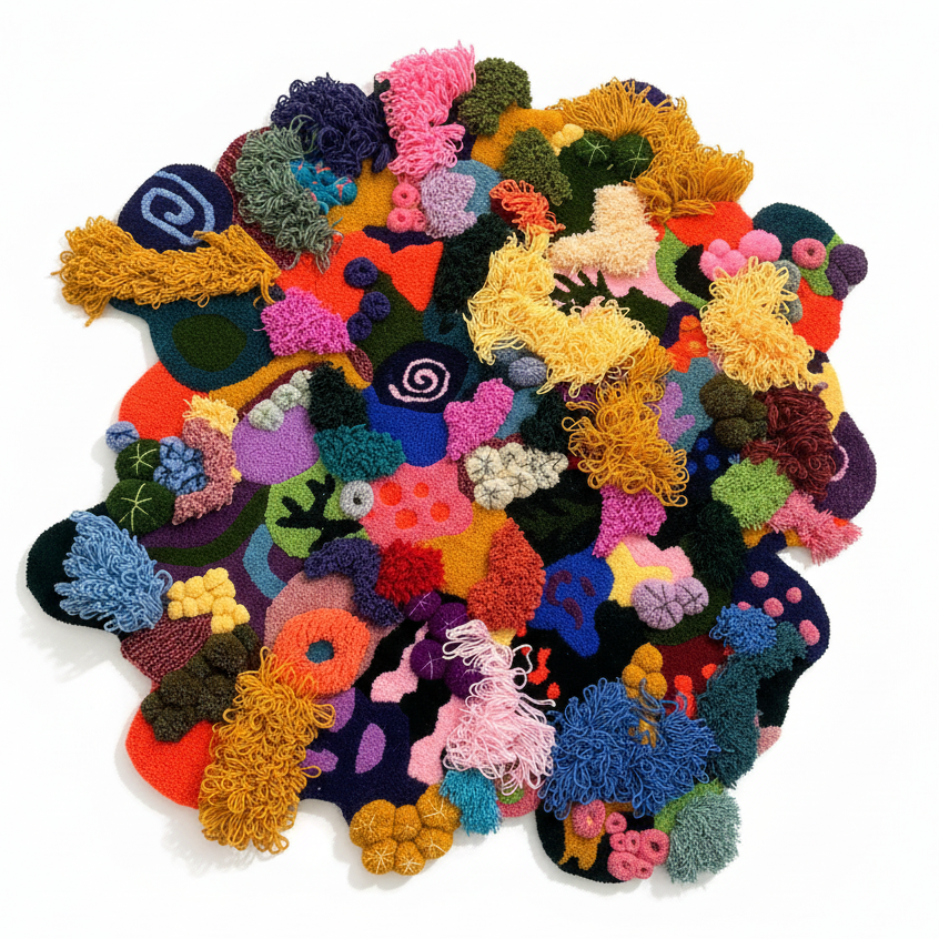 Multicolored textured rug round object on a white background